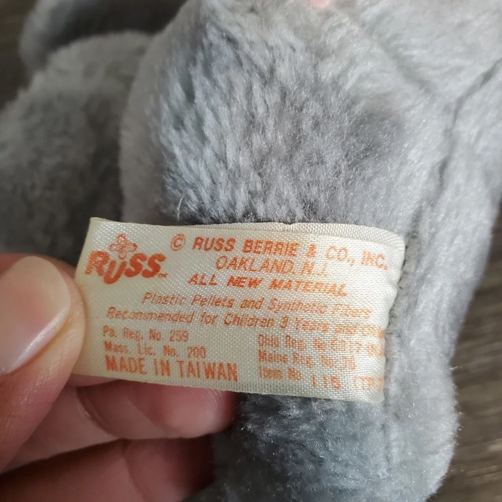 Vtg Russ Berrie Bitzi Mouse 1977 Stuffed Animal Plush Toy Gray Big Pink Ears 6